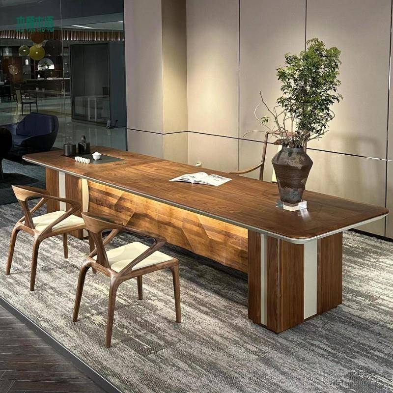 新中式黑胡桃木茶桌大班台高端轻奢商务实木一体老板总裁办公茶台