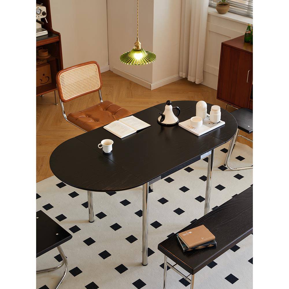 木即可折叠实木餐桌椅组合中古椭圆形餐桌覆古家用小户型伸缩饭桌