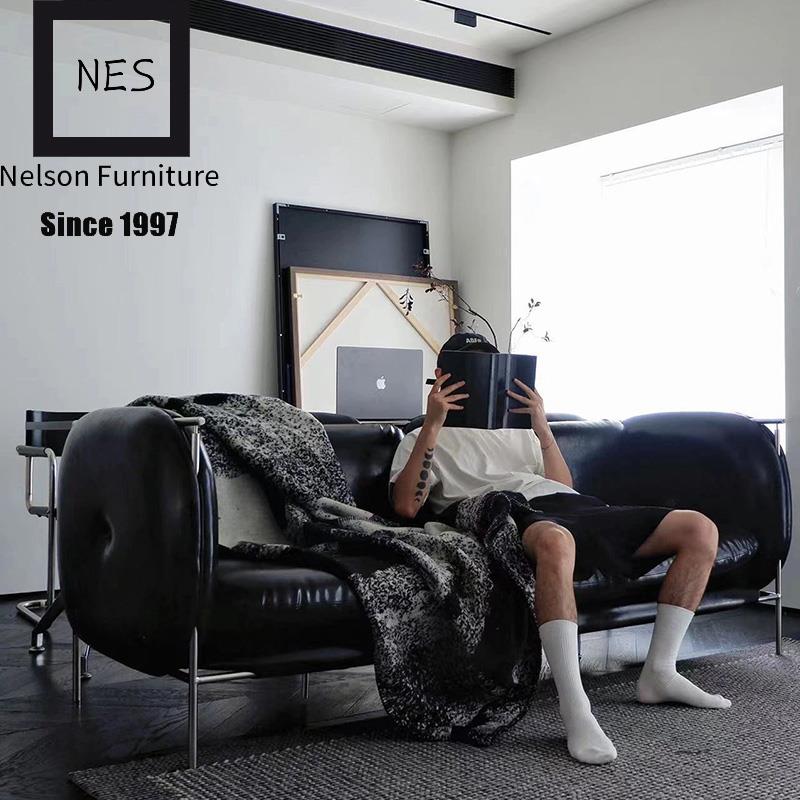 黑色皮沙发三人不锈钢包豪斯中古沙发轻奢小户型服装店设计师沙发