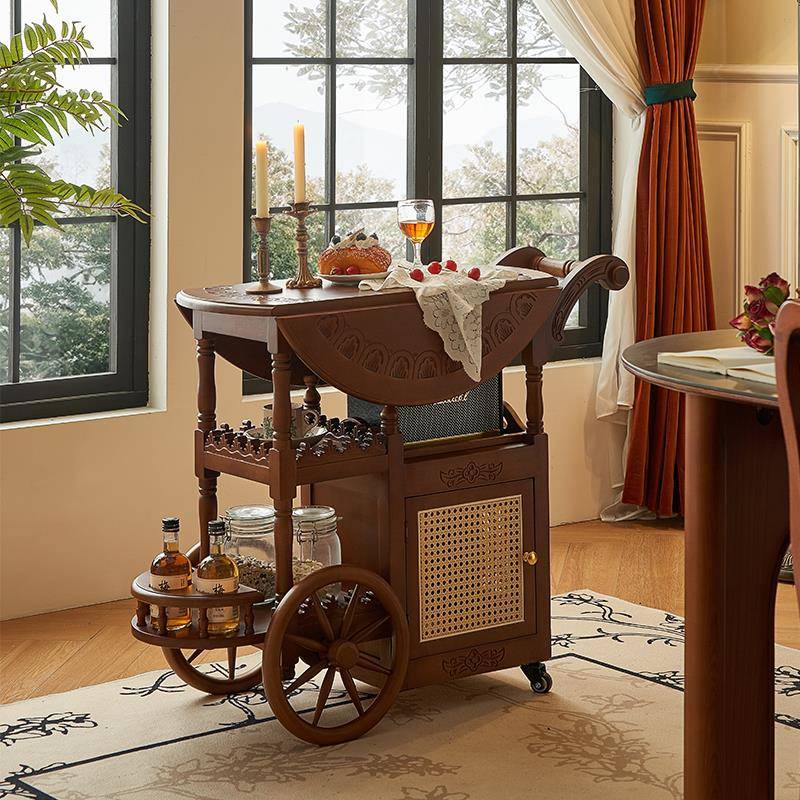 本来就复古「柚木手雕推车」法式复古移动茶几折叠小茶桌阳台茶几