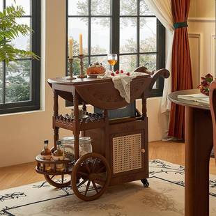 本来就复古「柚木手雕推车」法式复古移动茶几折叠小茶桌阳台茶几