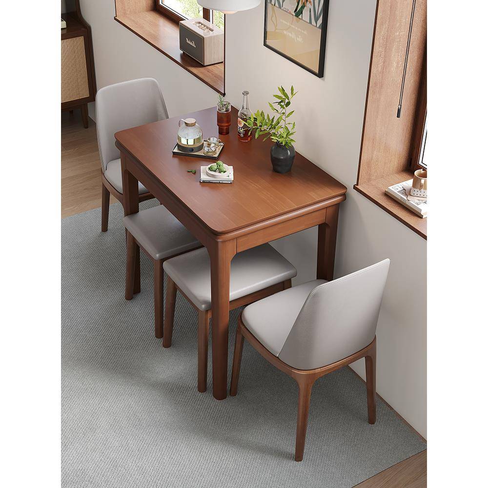餐桌实木家用小户型可折叠胡桃色简约现代长方形客厅吃饭实木桌子
