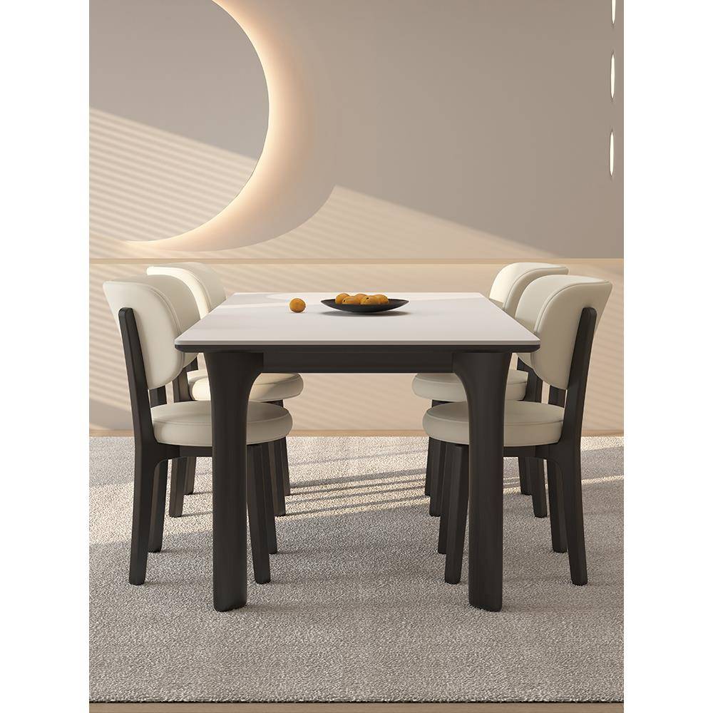 德利丰实木岩板餐桌椅组合家用黑色奶油简约风长方形全托高端饭桌