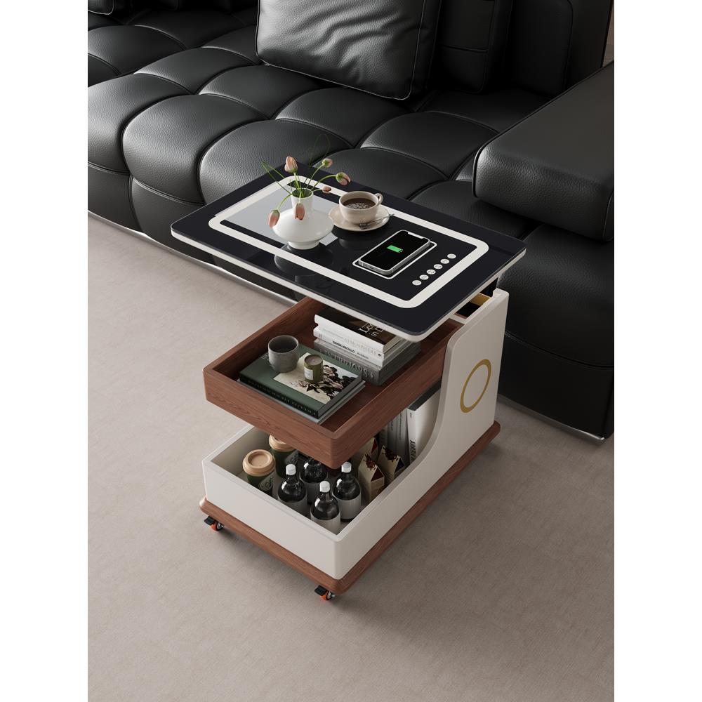 实木升降茶几小户型客厅家用岩板智能沙发侧边柜可移动小推车边几