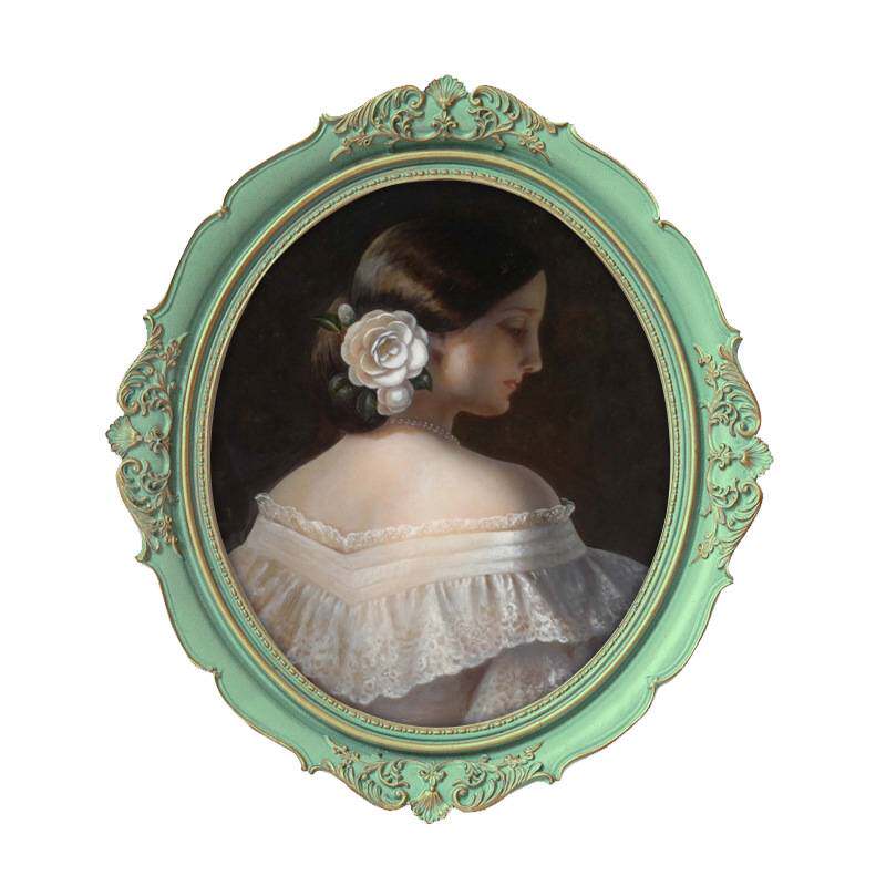 绿色椭圆形画框小众艺术民宿装饰画中古小众古典复古人物挂画油画