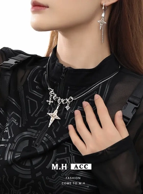 黑色蜡绳四芒星项链小众设计感新款锁骨链轻奢风嘻哈吊坠