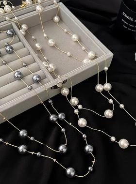 法式珍珠长款几何项链复古时尚设计感毛衣链小众百搭气质饰品
