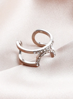 欧美饰品 几何轻奢水钻开口戒指 时尚精致u形戒美甲指环戒圈