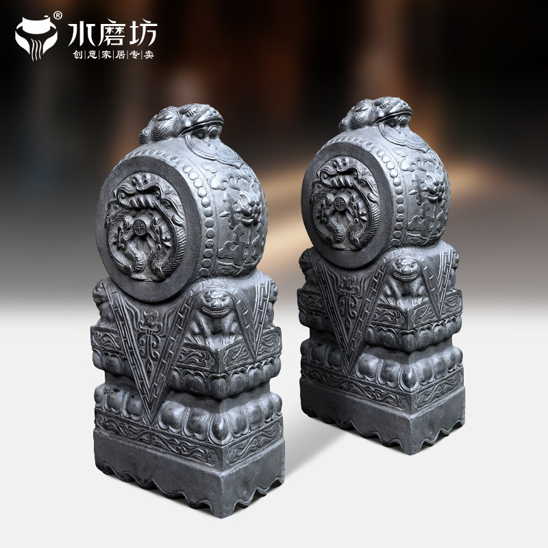 中式仿石雕石鼓门墩狮子头貔貅抱鼓石一对别墅庭院大门口落地摆件