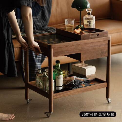 小推车PJB角置物架可移动发边沙桌小茶几黑胡桃木实几客厅木边几
