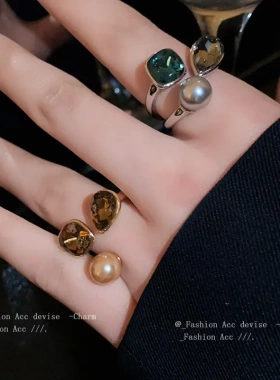 真金电镀珍珠方形开口戒指复古时尚气质食指戒高级感百搭手饰