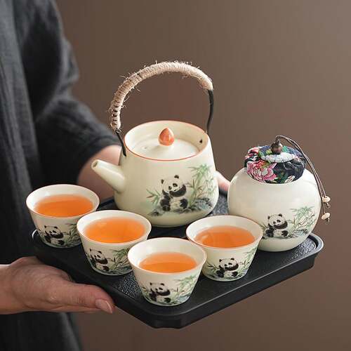 可爱熊猫黄汝茶具套装泡茶功夫陶瓷茶壶节日送礼家用旅行户外套装