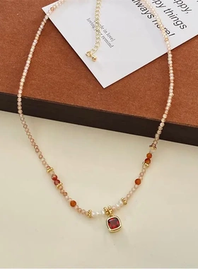 鸽子红淡水珍珠项链精致法式高级感串珠锁骨链新中式多巴胺颈链