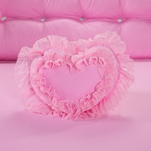 韩式蕾丝粉色灰姑娘床品套件公主心形抱枕方形靠枕糖果腰枕纯棉