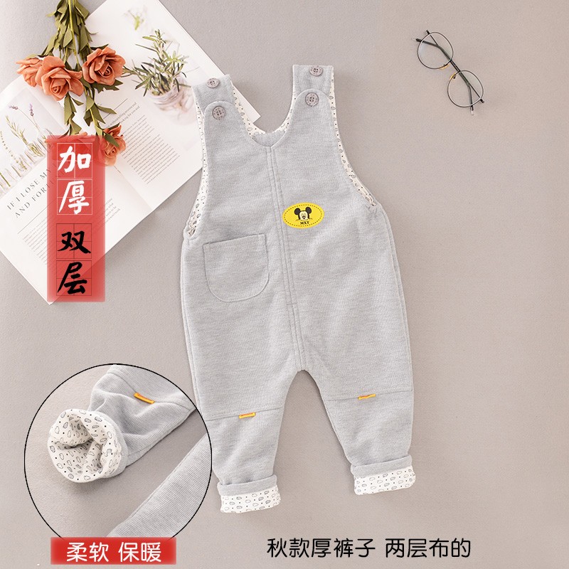 婴儿春秋背带裤罗纹棉保暖双层可开裆0一3岁宝宝秋装新款裤子洋气