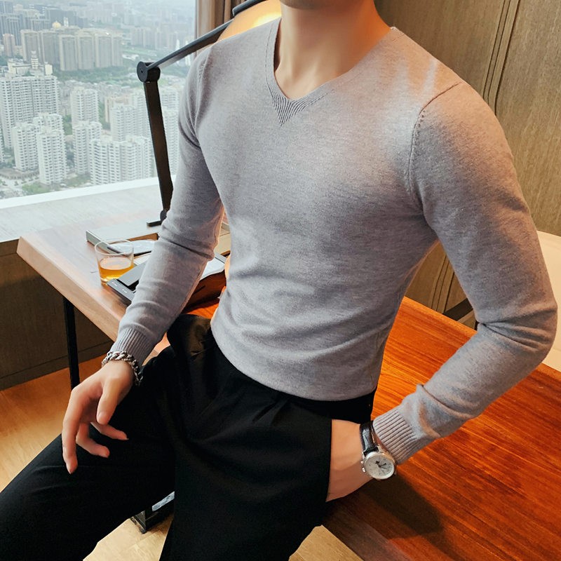 百搭V领英伦打底针织衫男修身秋冬鸡心领男士薄款毛衣紧身线衣T恤