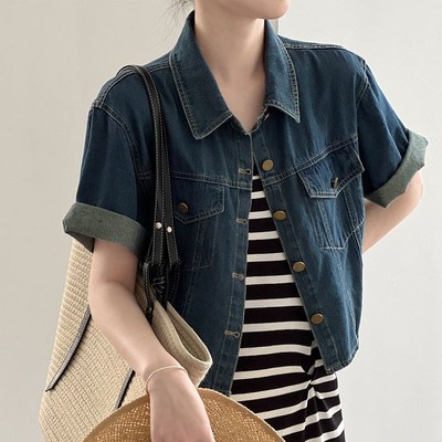 蓝色牛仔短袖衬衫小外套搭配裙子女2024夏季新款薄款宽松短款上衣