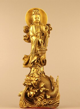 纯铜水月观音自在观音菩萨像南海站龙滴水提篮观世音家居供奉摆件