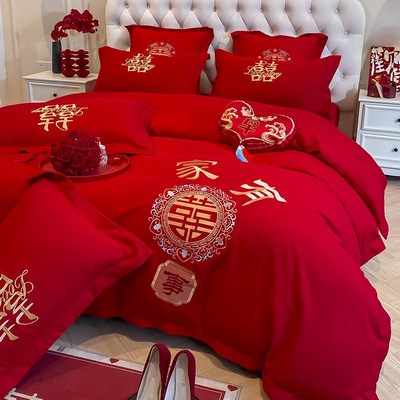 结婚喜庆床上用品四件套婚庆纯棉全棉磨毛床单被套大红色新婚嫁房