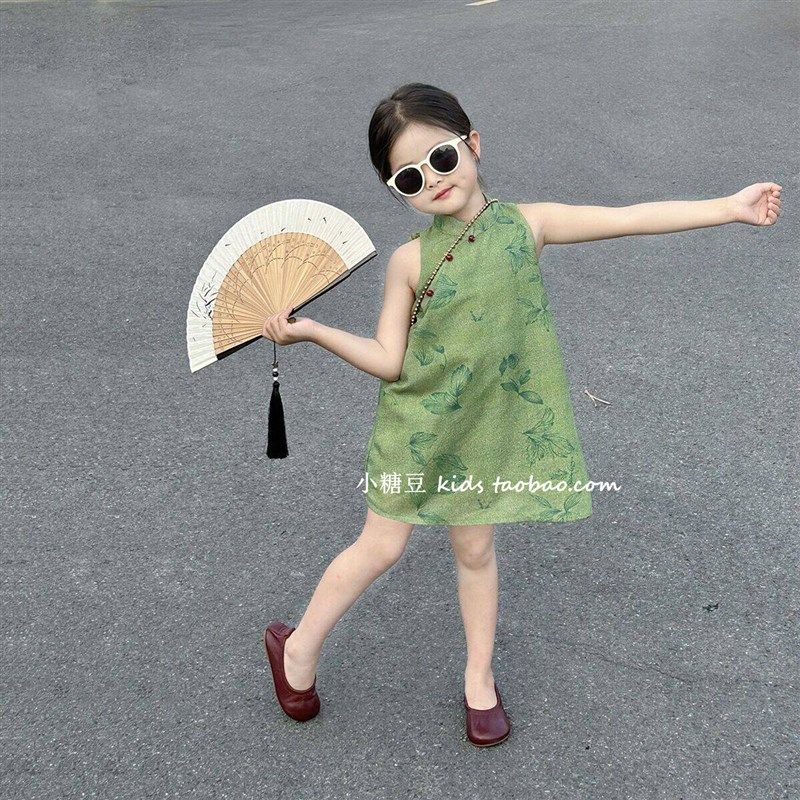 女童短袖新中式旗袍裙连衣裙2024夏季新款女孩古风挂脖背心裙汉服