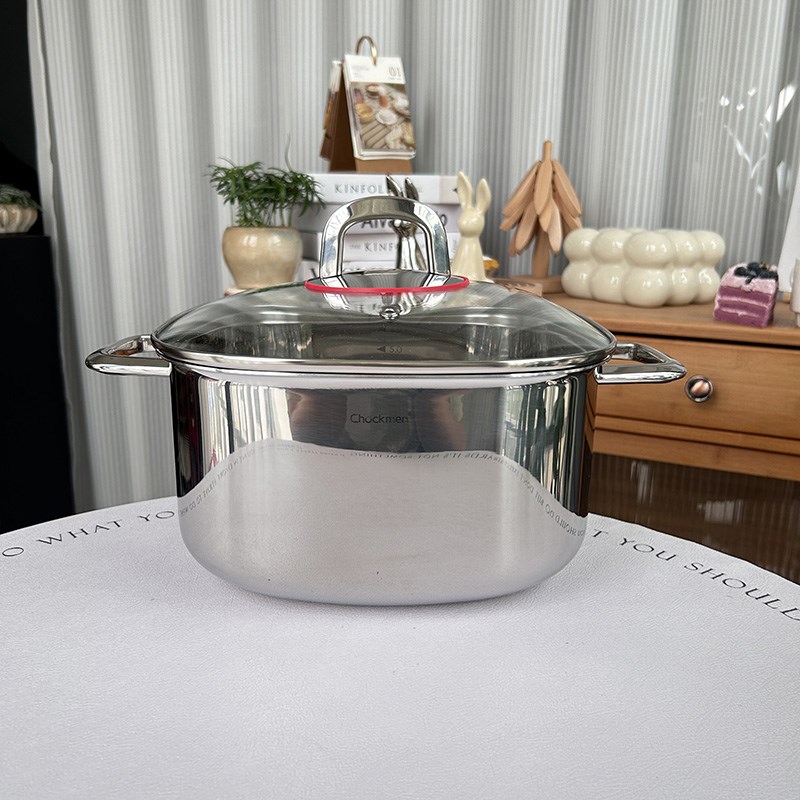 雅致方形汤锅18/10不锈钢加厚火锅涮锅三层复合钢家用煎锅24cm
