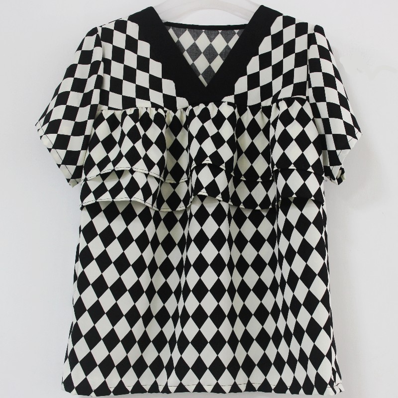 拼色棉绸上衣夏季V领遮胸双层胸前荷叶边绵绸睡衣防凸点家居服女