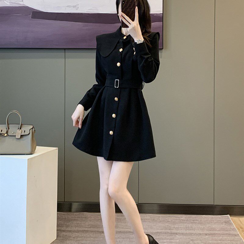 法式显瘦长袖黑色连衣裙女春装2024年新款高级感小黑裙气质西装裙