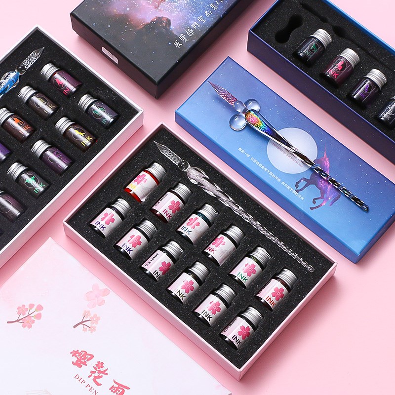梦幻星空蘸水笔十二星座玻璃笔墨水套装渐变色樱花手工水晶钢笔