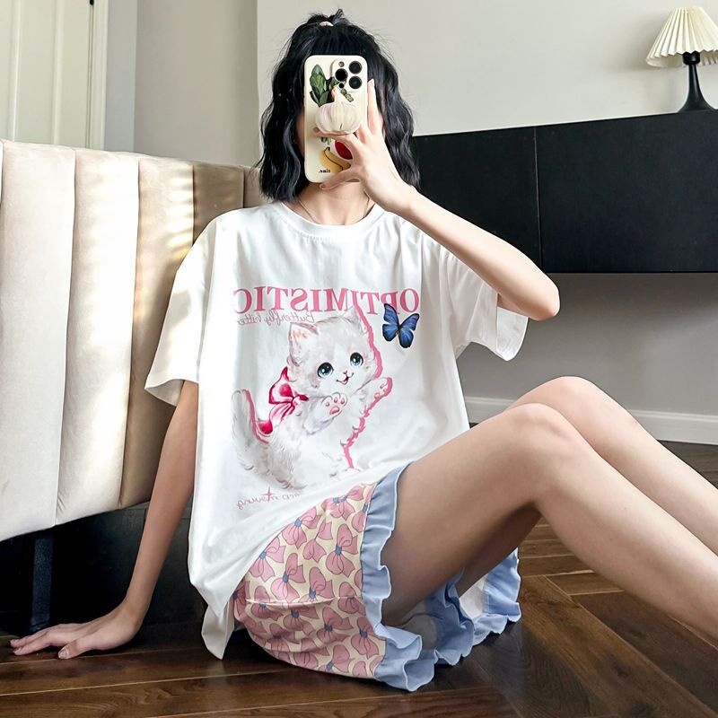 小猫咪睡衣女生春夏季纯棉短袖花边长裤家居服套装甜美可爱学生装