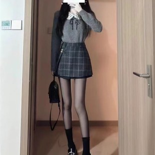 秋冬装搭配一整套小个子网红高级感学院风灰色毛衣短裙两件套装女