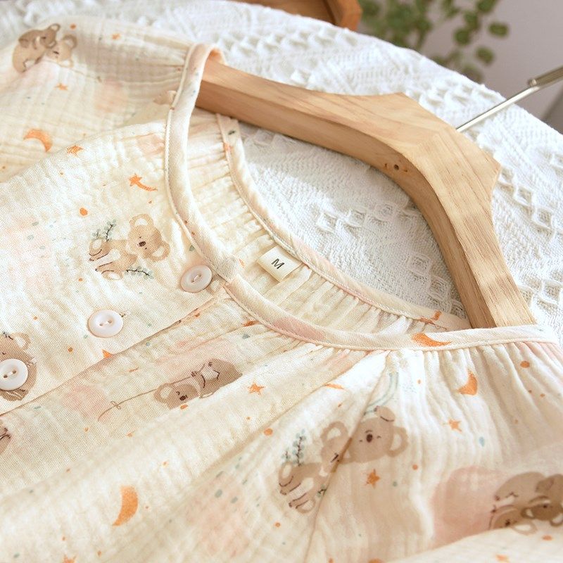 女士春秋薄款纯棉双层纱布家居服简约套头长袖夏季空调服卡通睡衣