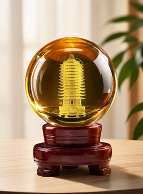 文昌塔水晶球摆件黄色水晶3d内雕一帆风顺客厅办公家居工艺装饰品