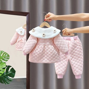 女宝宝秋冬款加绒加厚套装婴幼儿棉服女童冬装分体外套棉裤两件套