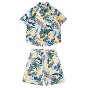 度假风薄款 短裤 满印沙滩套装 衬衫 两件套 男女宽松短袖 悟空有货夏季