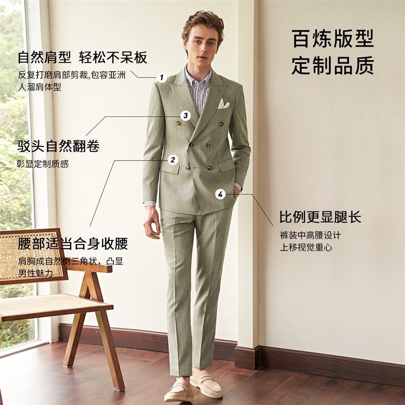 吉约蒙双排扣西装男套装卡其色条纹高级感西服男修身新郎结婚礼服