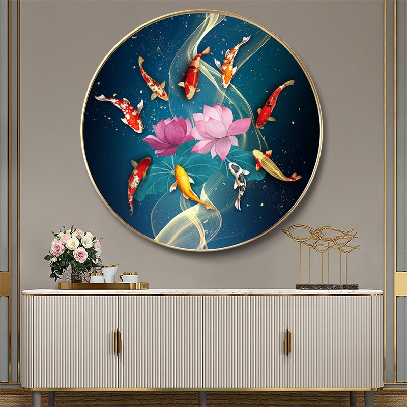 新中式圆形装饰画玄关九鱼图玄关餐厅挂画客厅壁画荷花九尾鱼图片