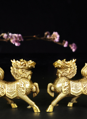 纯黄铜麒麟摆件大号一对鎭宅辟斜火麒麟招財送子中式家居客厅卧室