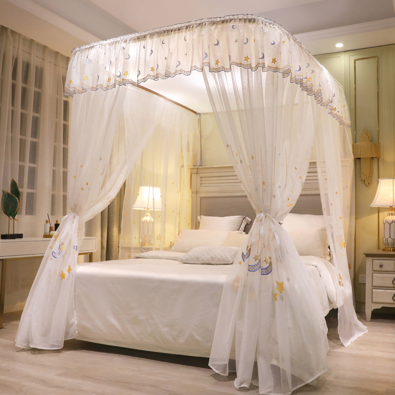可升降刺绣加密U型蚊帐支架防尘顶落地家用卧室床幔公主风白色