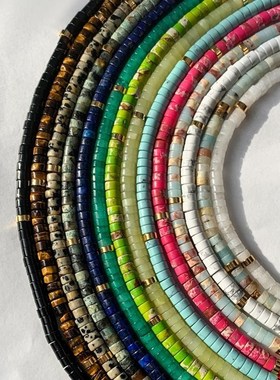 天然绿松石头彩色琉璃串珠项链女叠戴复古锁骨链颈链虎眼石青金石