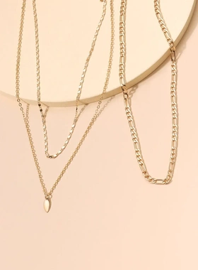 饰品欧美潮流街拍水滴片项圈项链扁平链条三条组