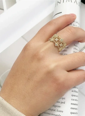 热卖复古风格开口戒指 宽面镂空金属雕花指环小香风花环戒子