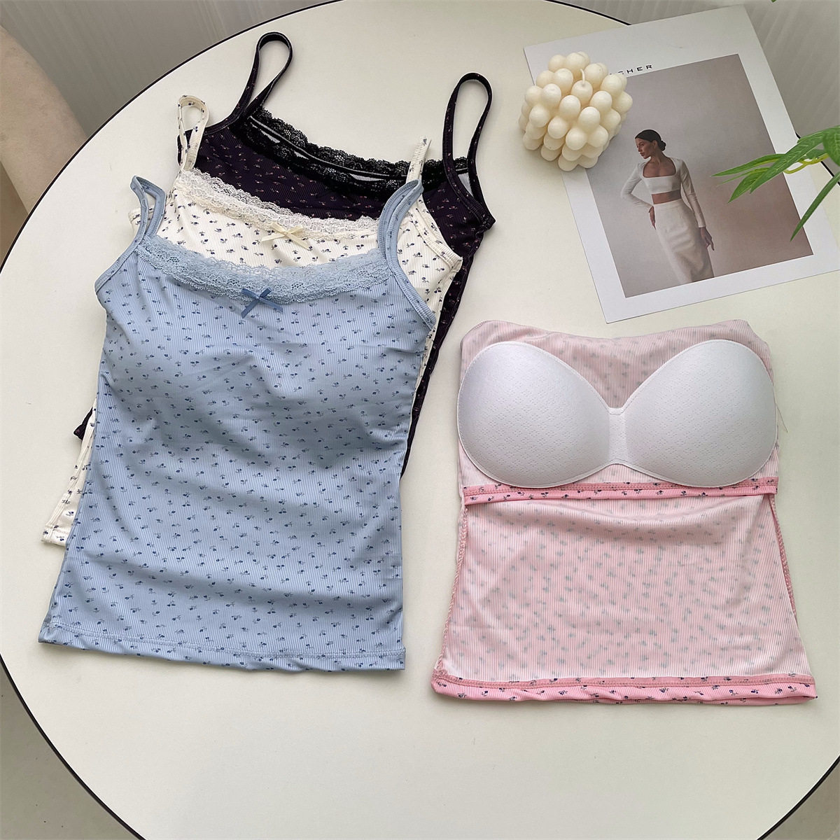 夏季小清新碎花吊带背心带胸垫女外穿内搭修身显瘦百搭打底上衣女