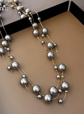 法式长款灰色珍珠叠戴项链小众设计感锁骨链复古轻奢高级感项饰女