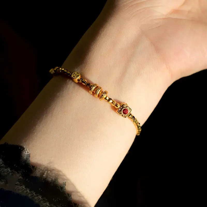 真金电镀锆石小鱼铜钱手链复古宫廷风手环时尚气质手饰女