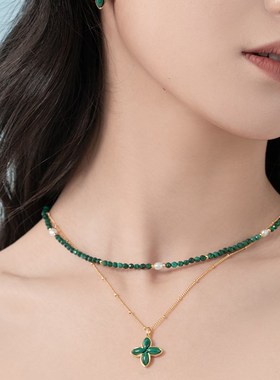 abyb四重奏串珠项链新中式孔雀石配饰绿色颈链精致锁骨链女