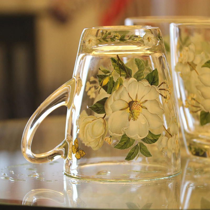 新款 韩国高档印花玻璃杯子家用带把茶水杯加厚玻璃耐高温防炸裂