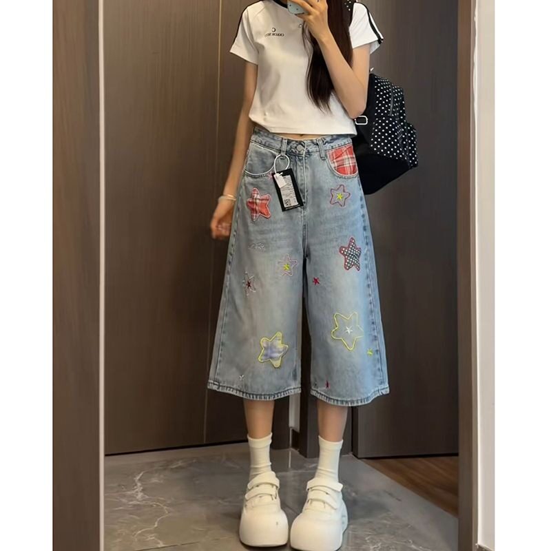 通勤中性简约牛仔七分裤女春夏新款显高百搭宽松七分直筒阔腿裤子