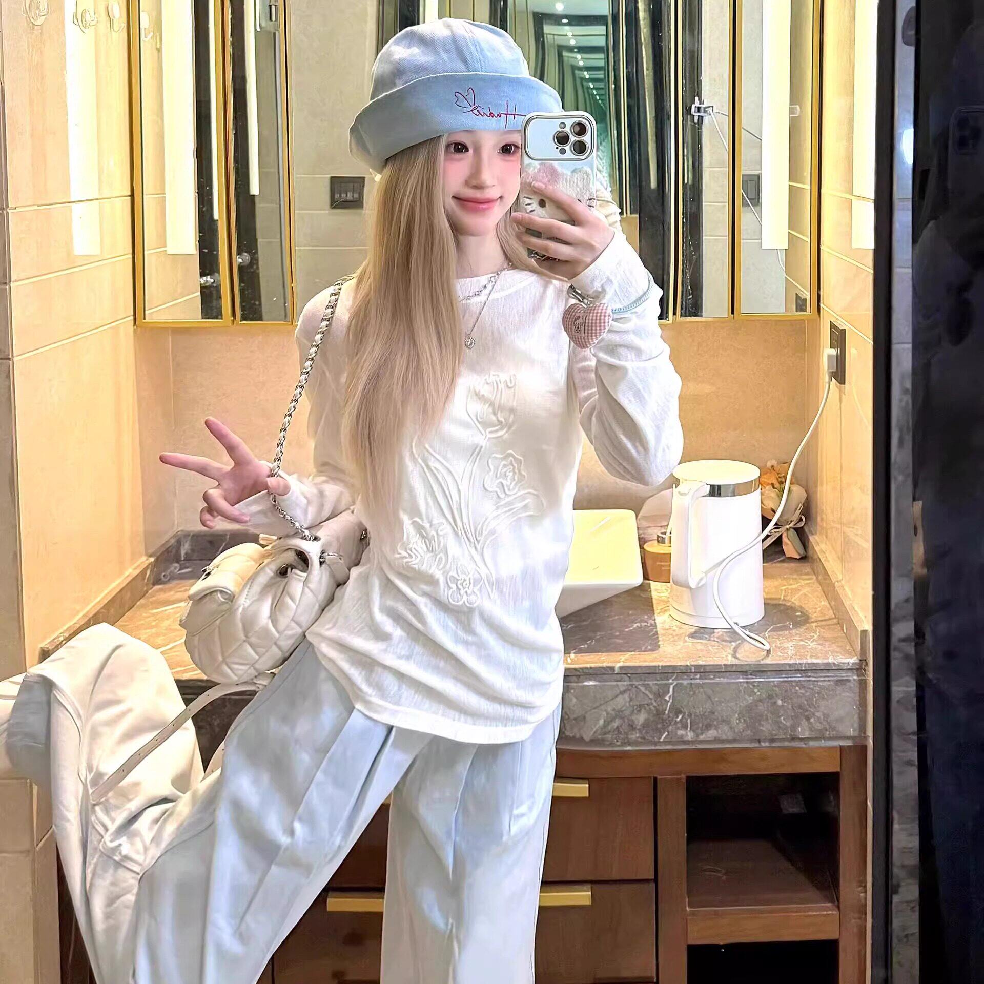 立体发泡印花长袖T恤女韩系修身微透上衣夏季薄款空调衫套头罩衫