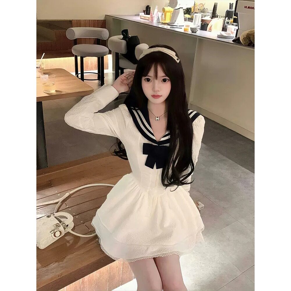 白色海军领连衣裙女春装日系甜美学院风高级感初恋显瘦蓬蓬公主裙