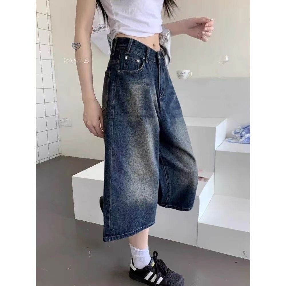 美式高街复古阔腿七分牛仔中裤女夏季新款高腰显瘦宽松直筒短裤子